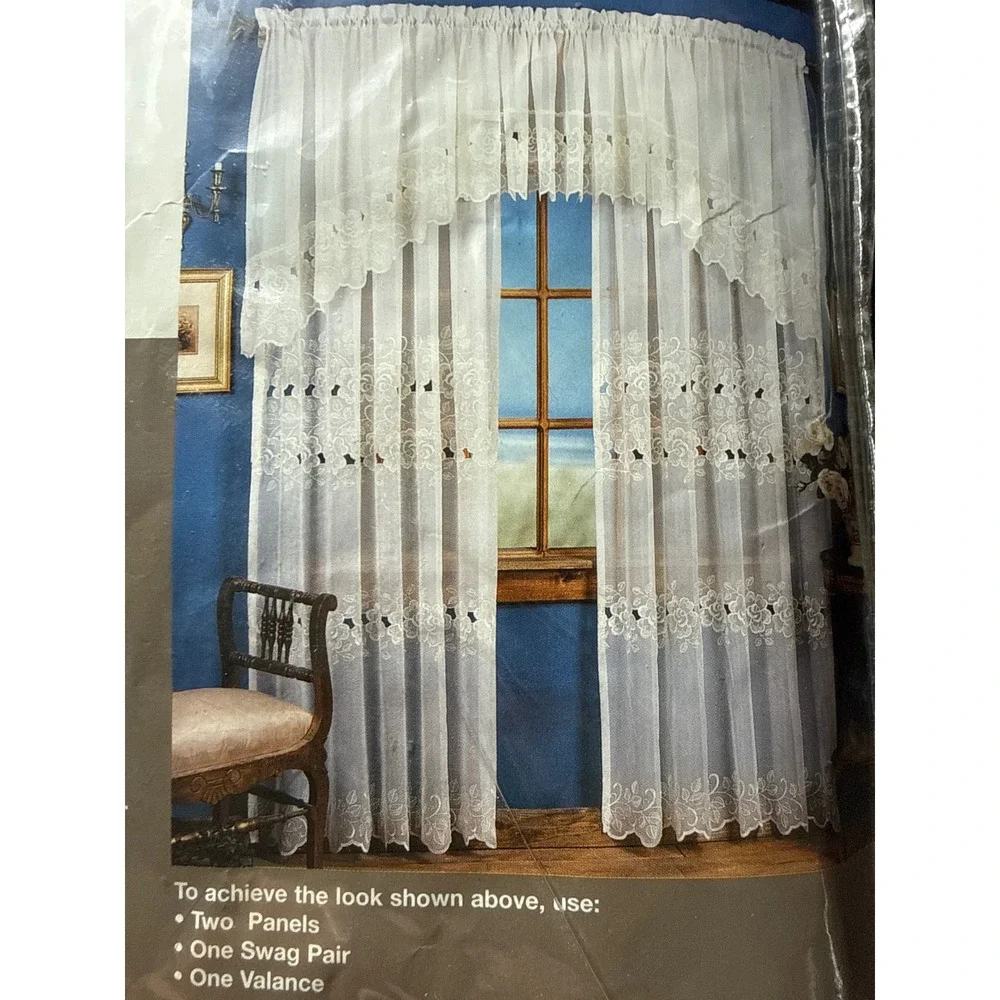 Whole Home 84 inch Lace Embroidered Window Curtain Panel Ivory Polyester NEW‎